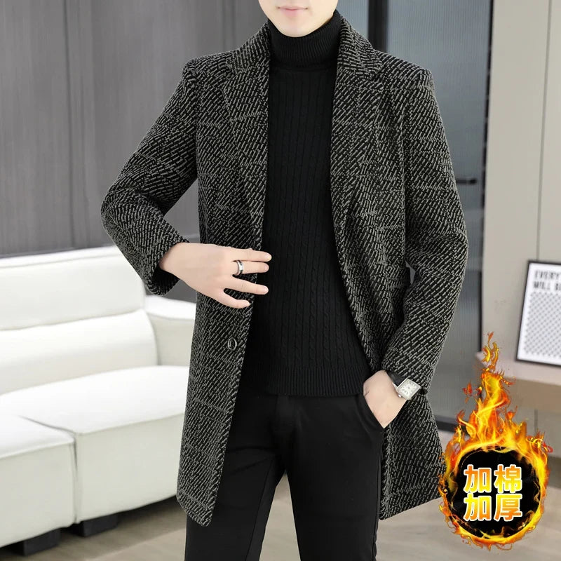 High-quality winter men's fashionable and stylish woolen overcoat, suit collar, mid-length windbreaker, woolen coat