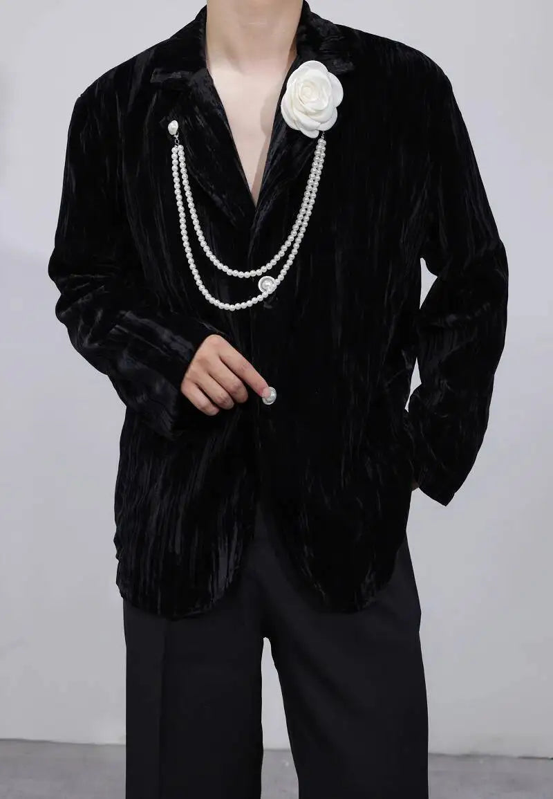 Luxury Elegant Handsome Blazer Coat Men's Original Niche Three-dimensional Pearl Chain Stylish Solid Color Jacket JY4431