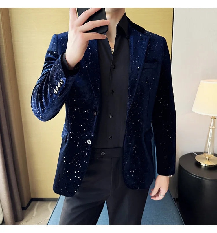 2025 Autumn New Velvet Jacket Men's Blazer Business Fashion Hot Stamping Printed Suit Jacket High-quality Luxury Dress Suit