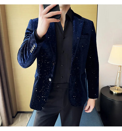 2025 Autumn New Velvet Jacket Men's Blazer Business Fashion Hot Stamping Printed Suit Jacket High-quality Luxury Dress Suit