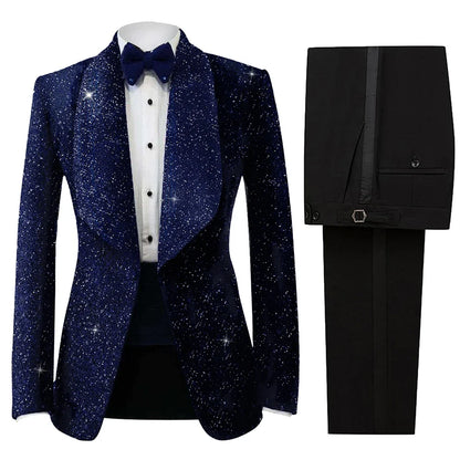 Men's Suit 2 Pieces Velvet Blazer Black Pants One Button Wide Lapel Business Beads Formal Work Wear Wedding Groom Costume Homme