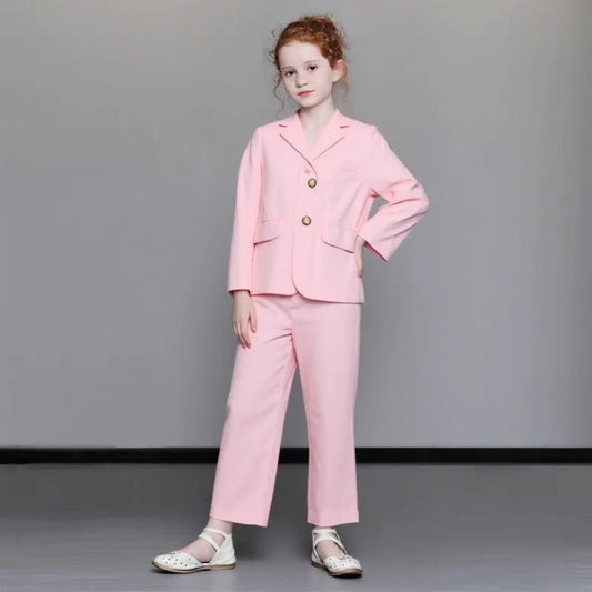 Girls Formal Pink Wedding Suit Kids Jacket Pants 2PCS Party Photograph Set Teenager Child Tuxedo Party Dress Dance Show Costume