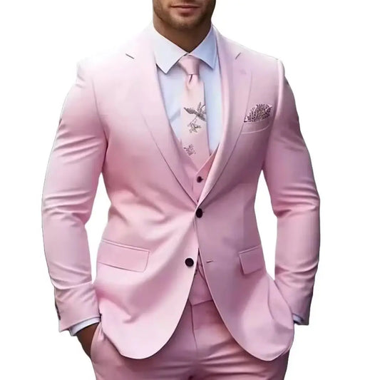 Elegant Three Piece Pink Men's Suit Formal Wedding Groom's Outfit with Split Collar Slim Fit Jacket Pants And Vest