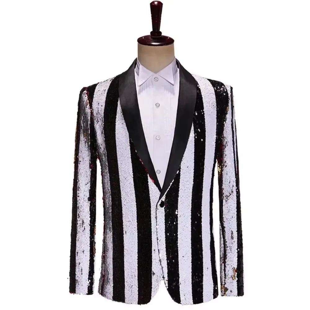 Men's Luxury Sequins Suit Jacket Double Side Stripes Trendy Blazers Banquet Evening Party Singer Host Stage Performance Tuxedo