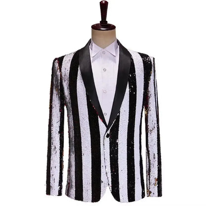 Men's Luxury Sequins Suit Jacket Double Side Stripes Trendy Blazers Banquet Evening Party Singer Host Stage Performance Tuxedo