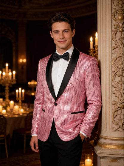 Pink Sequin Mens Party Suit Blazer, Black Satin Shawl Lapel Slim Fit Tuxedo Jacket Wedding Club Night Event Outfit