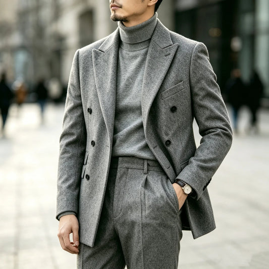 Men's Suit 2-Piece Set Double Breasted Wool Blend Tweed Blazer & Pants for Business Wedding Prom