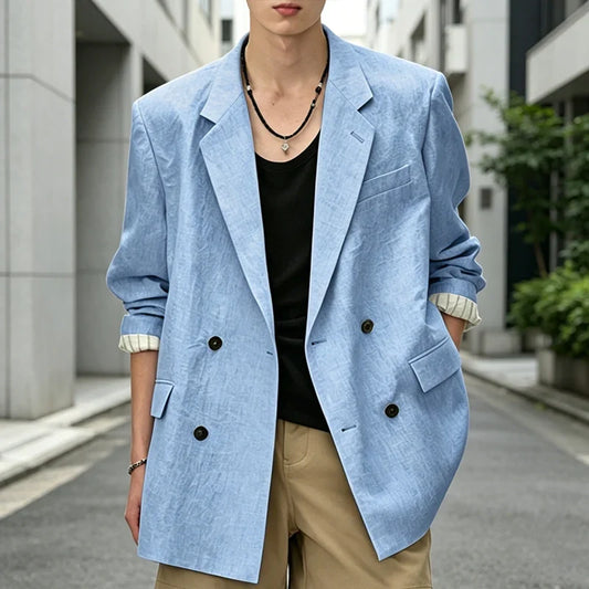 Men's Linen Blazer Double Breasted Notch Lapel Lightweight Suit Jacket for Business and Casual Wear