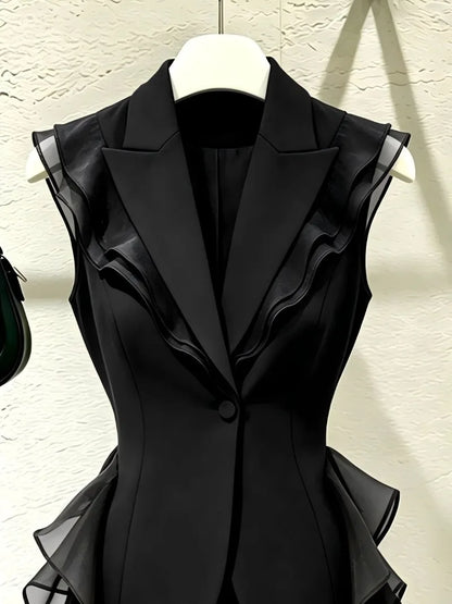 2026 New Black Suit Vest Female Summer Korean Fashion Spliced Flounces Sleeveless Blazers Jacket Waistcoat Women Outerwear Tops
