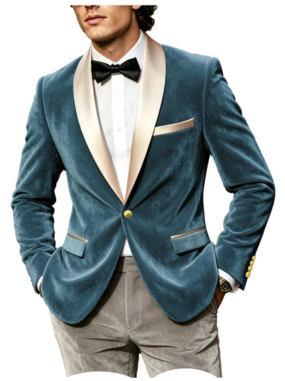 Men Velvet Tuxedo Jacket Champagne Satin Shawl Lapel Slim Fit Blazer Wedding Groom Party Prom Formal Western Dinner Suit Coat