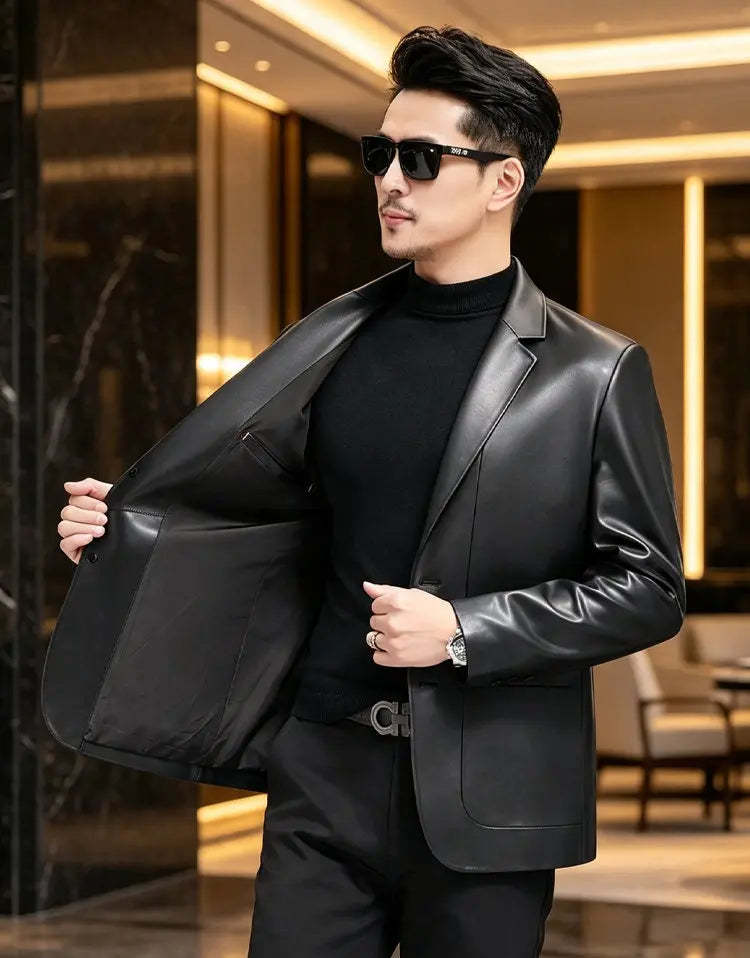 Genuine Leather Jacket Men's Sheepskin Suit Collar Midlife Leather Coat Business Casual Western Style Men's Single-Breasted Top