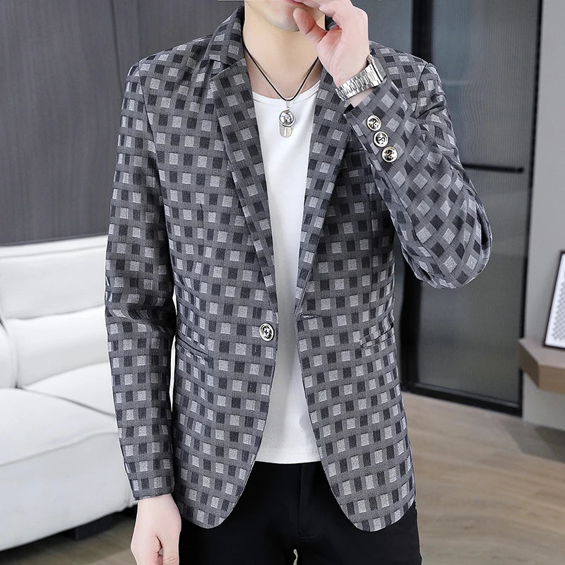2026 Spring Autumn Men's Suit Jacket Korean Checkered Suit Jackets Slim Fit Fashion Casual Business Formal Blazers Costume Homme