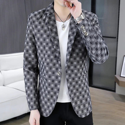 2026 Spring Autumn Men's Suit Jacket Korean Checkered Suit Jackets Slim Fit Fashion Casual Business Formal Blazers Costume Homme