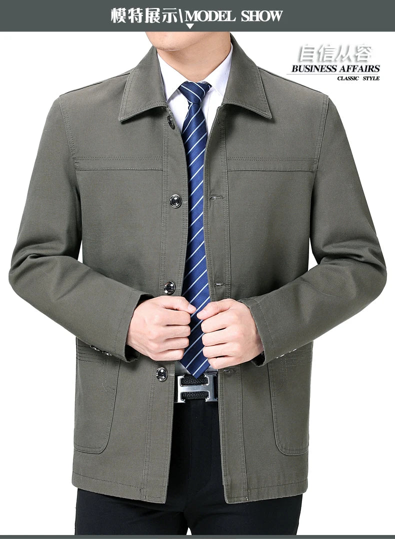 Men's Middle-Aged Cotton Jacket Spring Autumn Lapel Trench Coat Large Size with Buttons Fashionable Classic Outerwear