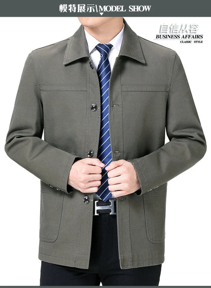 Men's Middle-Aged Cotton Jacket Spring Autumn Lapel Trench Coat Large Size with Buttons Fashionable Classic Outerwear