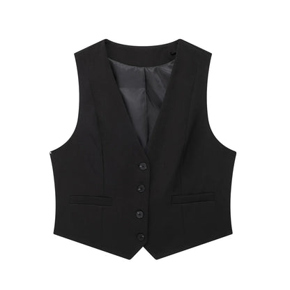Cropped Formal Vests Woman Office Sleeveless Women's Suit Vest Summer Button Black White Short Vest Casual Working Vest
