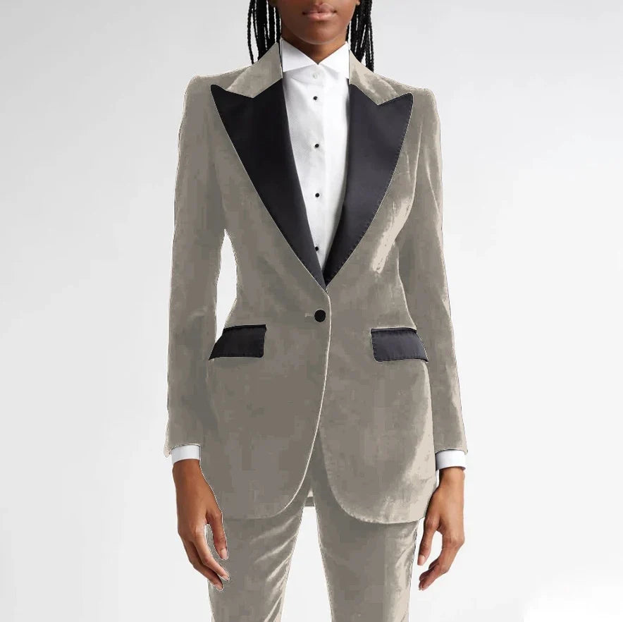 Black Flannel Women Suit Customized Single-grain Buckle Peaked Lapel Two Pieces(Jacket+Pants) Modern Business Office Lady Set