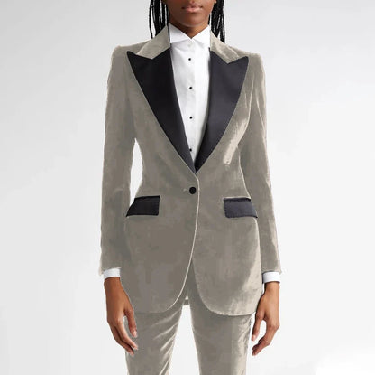 Black Flannel Women Suit Customized Single-grain Buckle Peaked Lapel Two Pieces(Jacket+Pants) Modern Business Office Lady Set