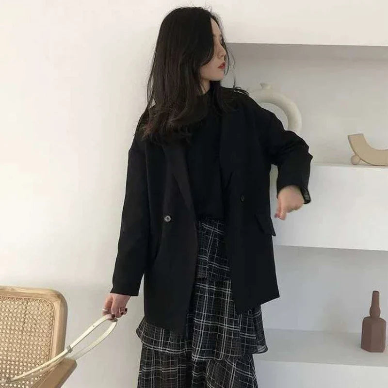 2025 Spring Autumn New Women's Blazer Korean Loose Fit Casual Versatile Patchwork Plaid Cuffs Drapey Mid Length
