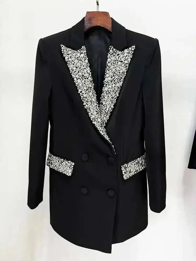 Trendy Fashion Women's Tide Handmade Gorgeous Blazer Heavy Industry Nail Bead Inlaid Diamond Slim Medium Length Coats H2699