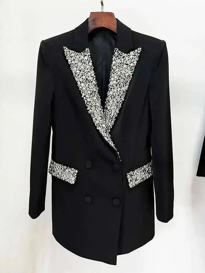 Trendy Fashion Women's Tide Handmade Gorgeous Blazer Heavy Industry Nail Bead Inlaid Diamond Slim Medium Length Coats H2699