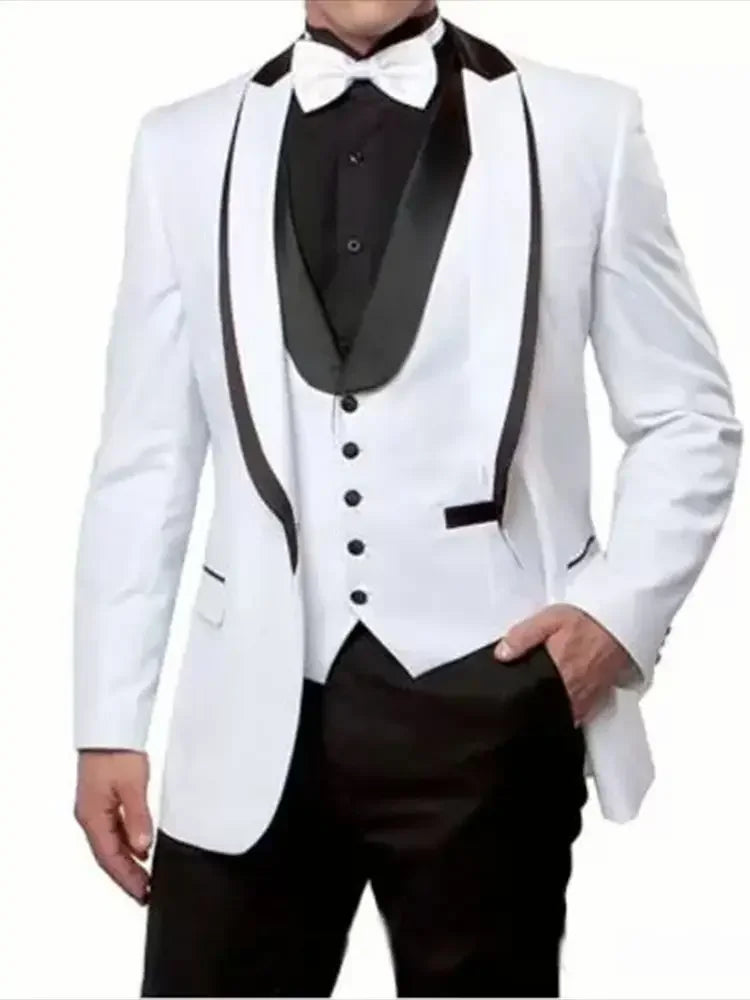 White Men wedding Suits Fashion Groom Tuxedos Slim Fit Business Casual Shawl Lapel 3 Piece (Blazer+Vest+Pants) Costume Homme