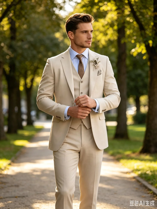 New 3 Pieces Khaki Wedding Men's Suits Groom Men Suits Slim Fit Prom Party Tuxedo Formal Events Dress Suit(Blazer+Pants+Vest)