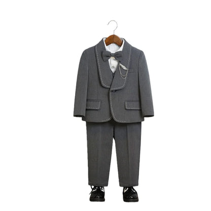 Kids Spring Autumn 5Pieces Suit Set With Jacket Vest Pants Bowtie Brooch Boys Wedding Birthday Party Performance Costume