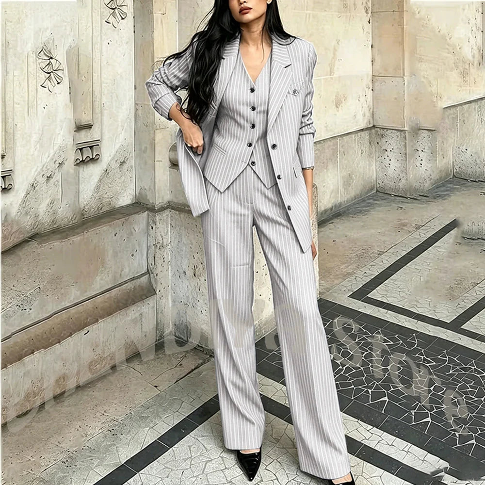 Tailor-Made Striped Suit For Women High Quality Peaked Lapel Single Breasted Three Piece Business Office Lady Formal Outfit