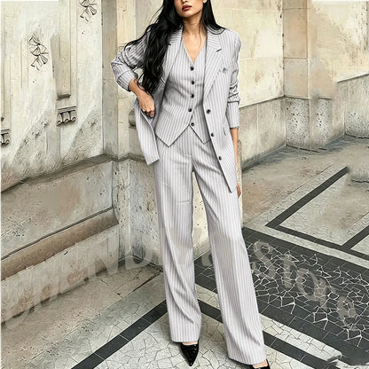 Tailor-Made Striped Suit For Women High Quality Peaked Lapel Single Breasted Three Piece Business Office Lady Formal Outfit