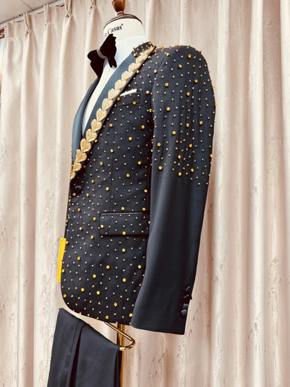Men's Golden Beaded Suits 3 Pieces Banquet Party Wear Exquisite Peak Lapel Suit Set Wedding Party Outfit Stage Costumes S-3XL