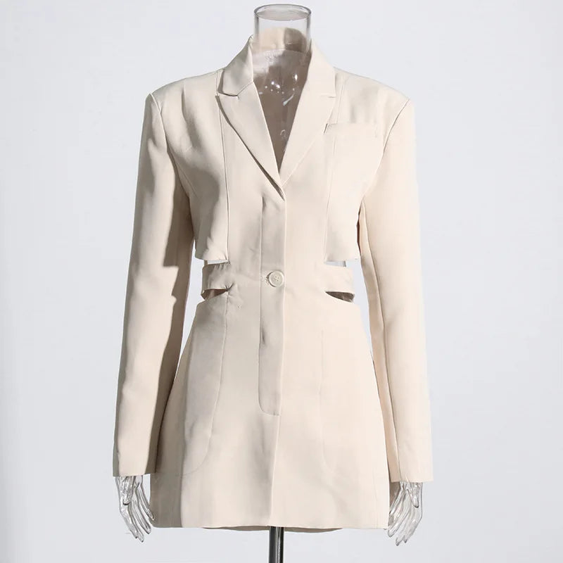 Women's Blazer Elegant Stylish Hollow Out Expose Waist Design Solid Color Patchwork Long-sleeved Slim Fit Suit-Coat HK28002