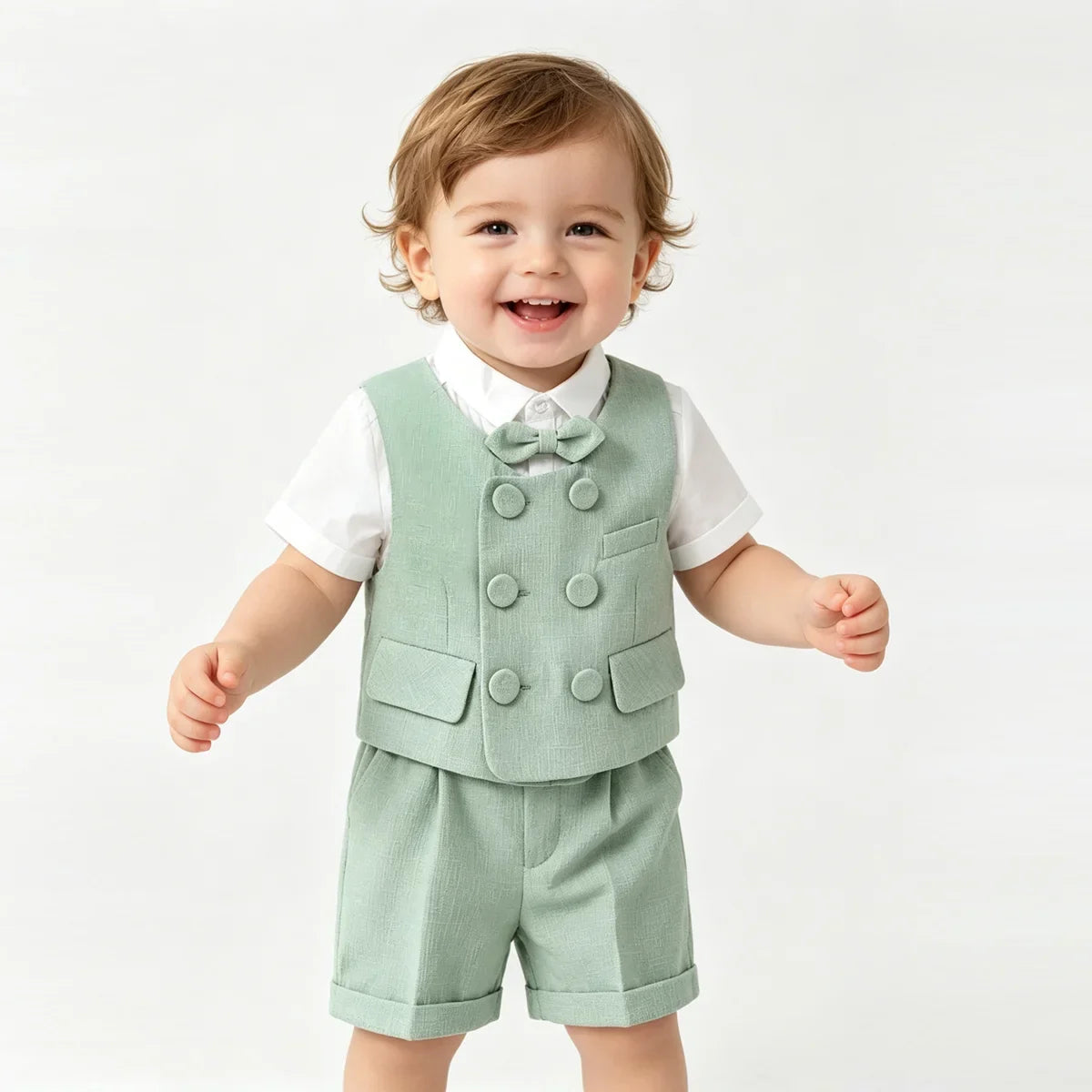 6Pcs Toddler Baby Boy Suit Light Green Waistcoat Shorts Bow Shawl Hat Kids Gentleman Outfit For Birthday Wedding Photo Shoot