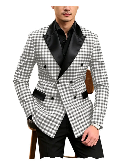Men's Checkered Double Breasted Blazer Tailored Slim Fit Formal Jacket For Wedding Groom Cocktail Event Prom Dinner Party Coat