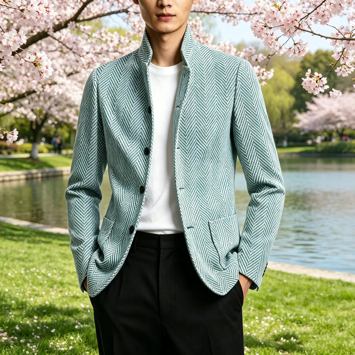 Men's Herringbone Tweed Blazer Stand Collar Slim Fit Business Casual Suit Jacket Spring Daily Commute Lightweight Sport Coat