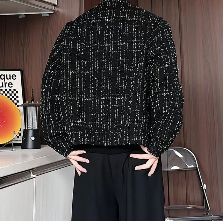 Men's Spring High-End Plaid Blazer Bad Boy Style Cropped Jacket Chinese Stand Collar Suit Outerwear