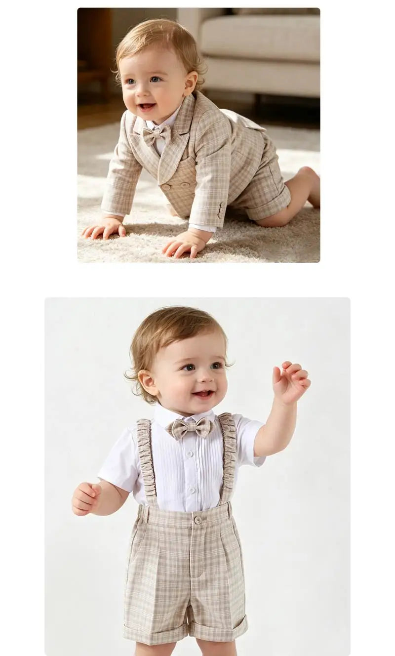 Toddler Gentleman Plaid Suit Set Boys Formal Blazer Waistcoat Suspender Shorts BowTie Wedding Birthday Baptism Party Dress Outft