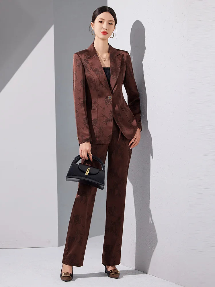 Two-Piece Leaf Print Blazer Pantsuits Set for Women Office Ladies Business Single Buttons Formal Spring Autumn Trousers Suit
