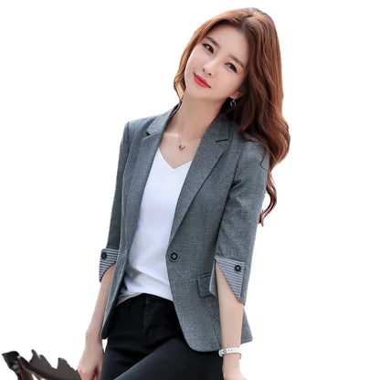 New Autumn Office Lady Solid Color Three Quarter Sleeve Blazer Women Casual One Button Formal Slim Fit Dress Suit Jacket Women