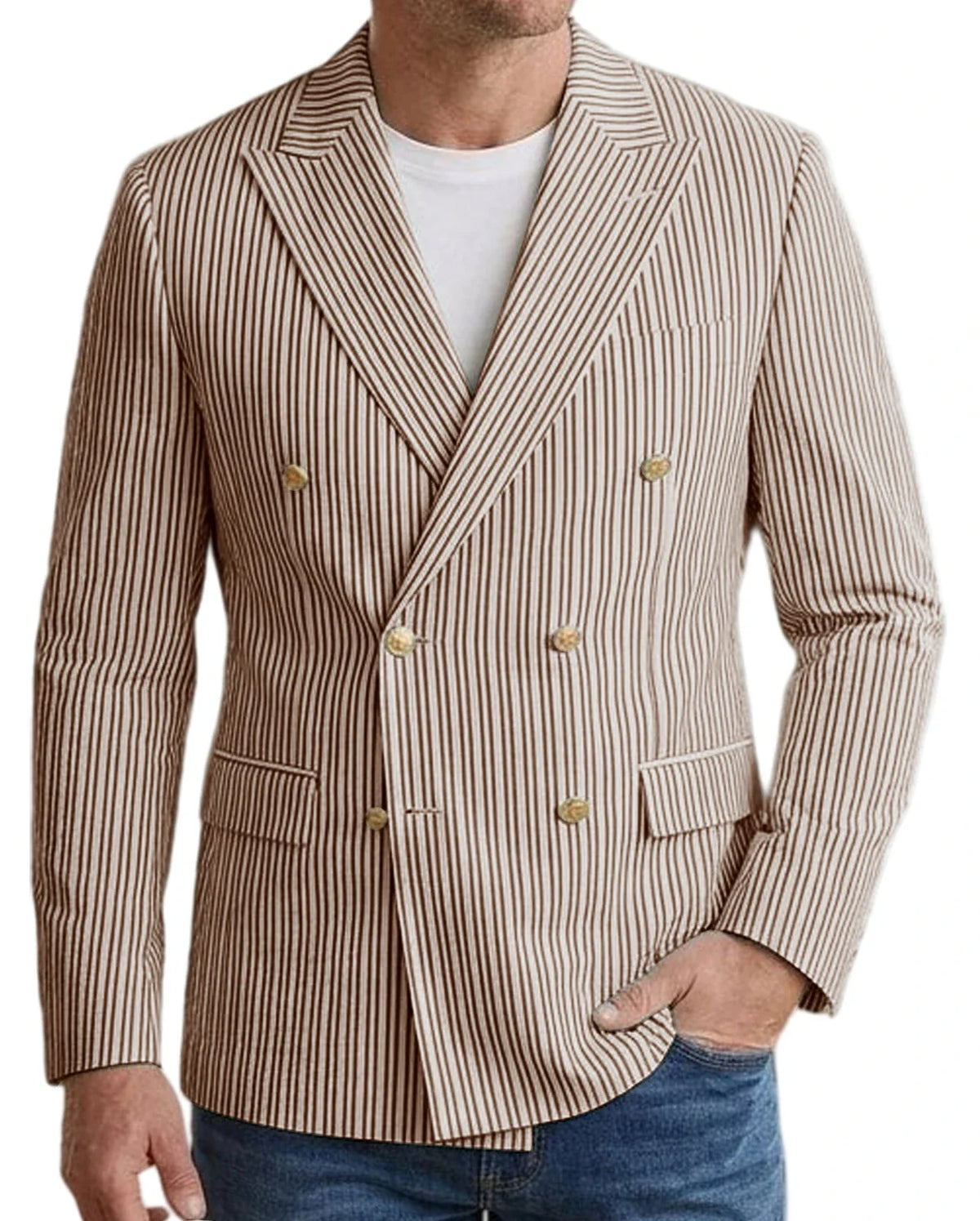 Vintage Men's Striped Double Breasted Blazer Casual Business Suit Jacket Lightweight Notched Lapel Sport Coat Wedding Party Wear