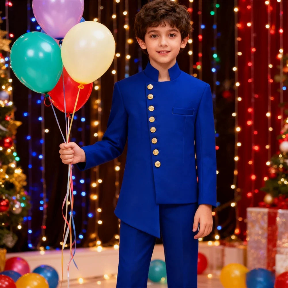 Boys Suit Set with Stand Collar and Golden Buttons for Communion, Birthday & Formal Occasions – Ages 3–14