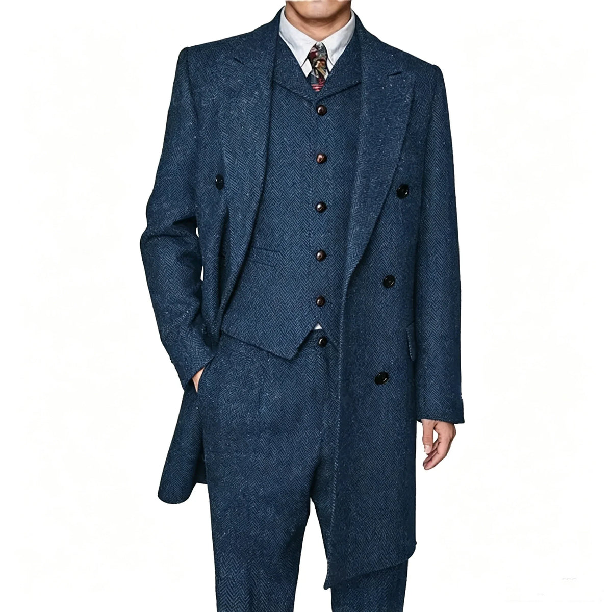 Men Vintage Herringbone Tweed 3 Piece Suit Double Breasted Overcoat Vest Pants Wedding Busines British Style Wool Blend Suit Set