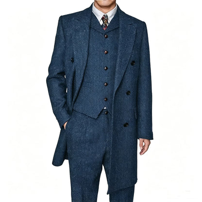 Men Vintage Herringbone Tweed 3 Piece Suit Double Breasted Overcoat Vest Pants Wedding Busines British Style Wool Blend Suit Set