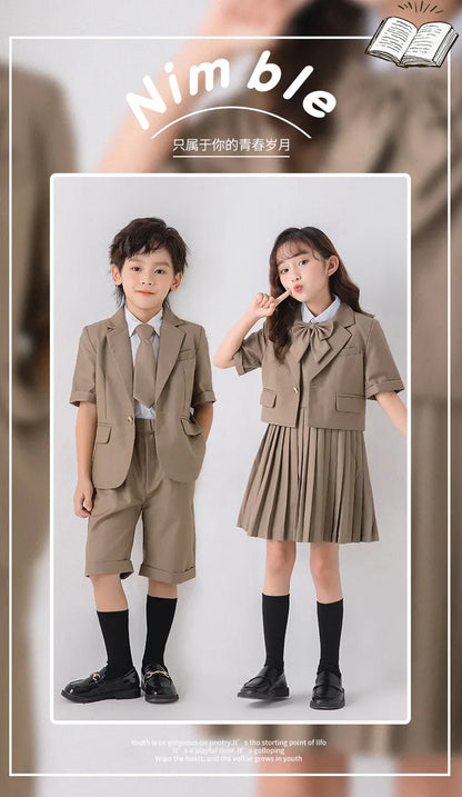 Child School Uniform Girls Korean Jacket Pleated Dress Summer Outfits Boys Blazer Formal Suits Shorts Kids Student Clothes Sets