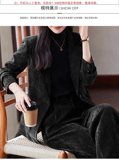 2024 Autumn New Corduroy Elegant Pant Suit Ladies Formal Business Work Wear 2 Piece Set Black Coffee Jacket Blazer And Trouser