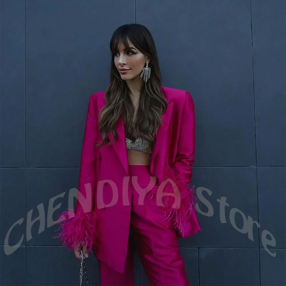 Fuchsia Satin Women's Suit Set Peak Lapel Shiny Glossy Blazer with Feather Elegant Luxury Outfit for Dinner Party Formal Event