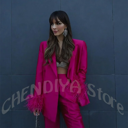 Fuchsia Satin Women's Suit Set Peak Lapel Shiny Glossy Blazer with Feather Elegant Luxury Outfit for Dinner Party Formal Event