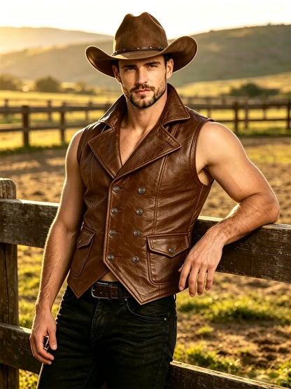 Men's Faux Leather Waistcoat Vintage Double Breasted Slim Fit Vest for Casual & Streetwear