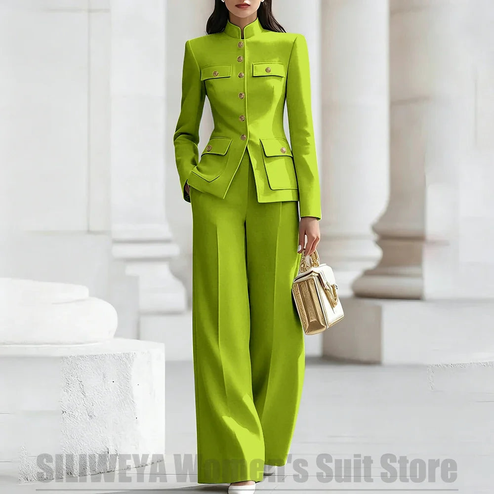 Women's Ivory Suit Mandarin Collar 2 Piece Military Style Gold Buttons Blazer Wide Leg Pants Wedding Party Prom Lady Suits