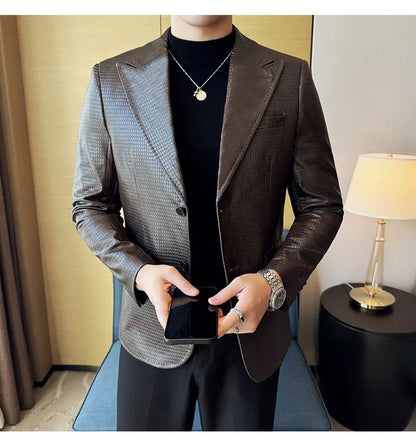 Korean Waffle Leather Suit Jacket Men's Business Casual PU Leather Blazer Slim Fit Wedding Groom Office Social Formal Coats 2026
